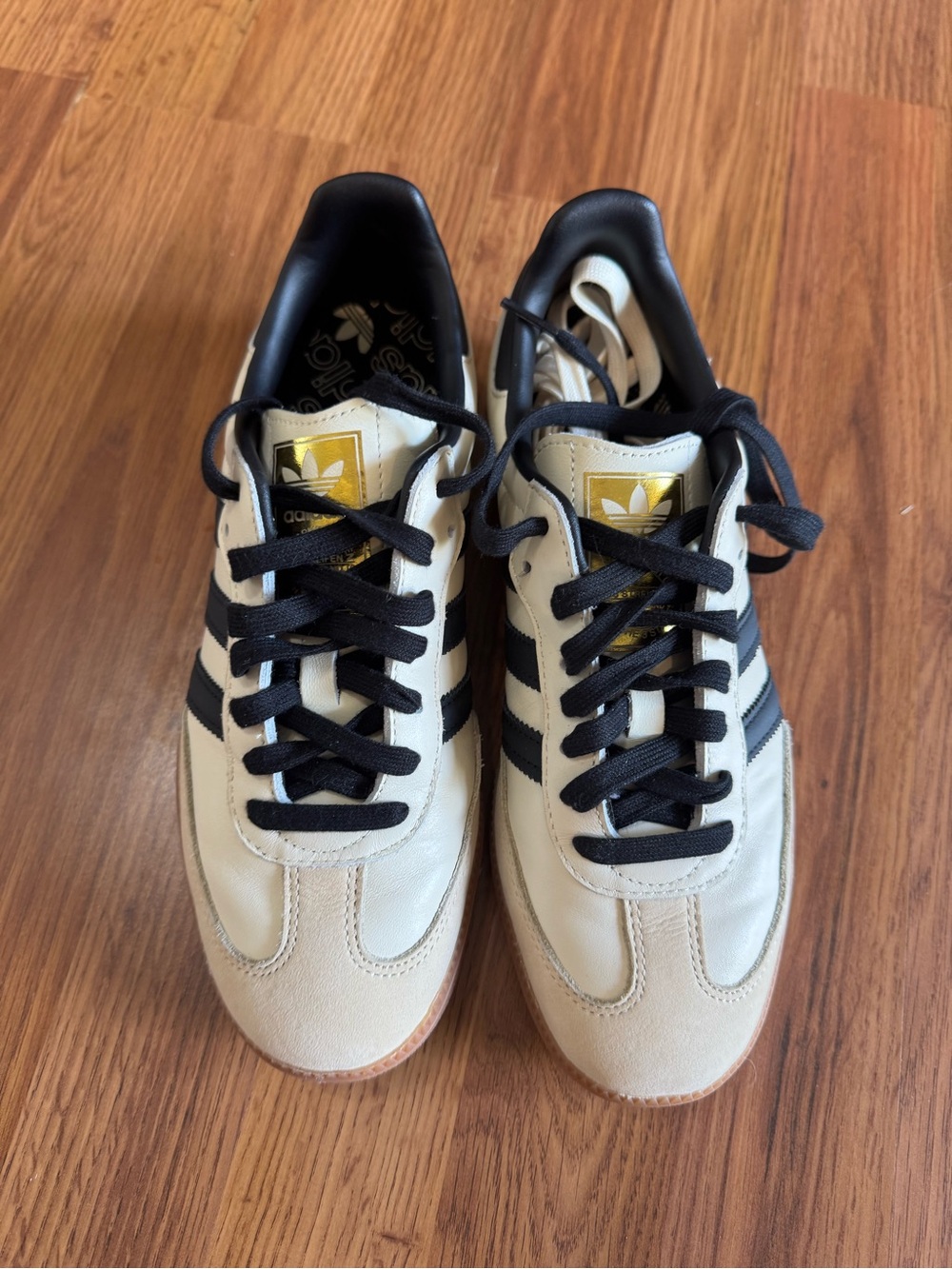 Adidas Womens Samba Leather Sneakers - Cream with Black Stripes 8.5